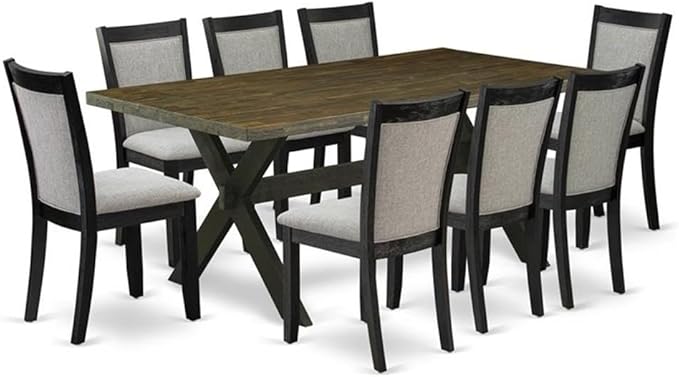 East West Furniture X677MZ606-9 9 Piece Dining Room Furniture Set Includes a Rectangle Dining Table with X-Legs and 8 Shitake Linen Fabric Upholstered Chairs, 40x72 Inch, Multi-Color