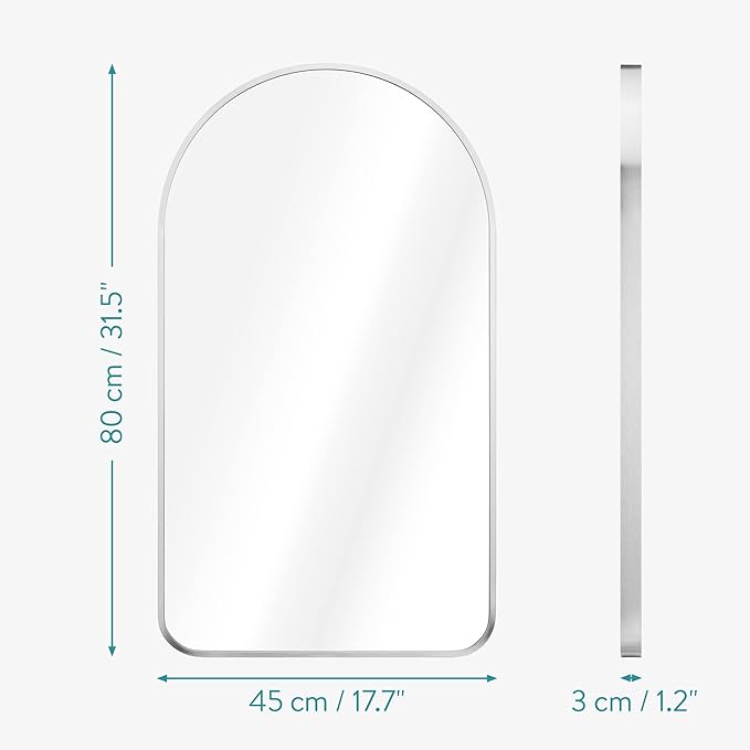 Navaris Arched Wall Mirror - Silver Arch Framed Mirror - 17.7x31.5 Wall-Mounted Mirror with Silver Aluminum Alloy Frame for Living Room Bathroom Hall