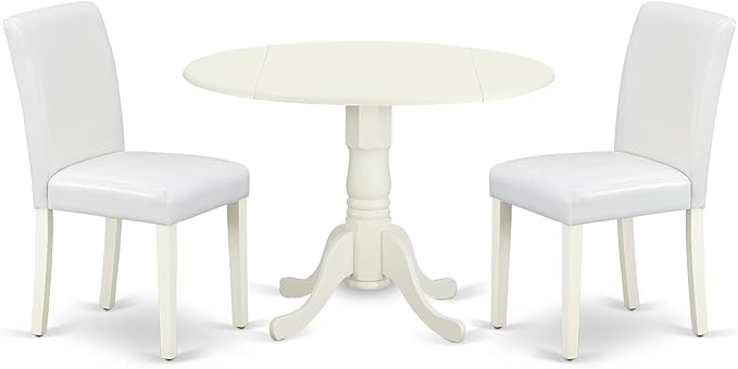East West Furniture DLAB3-LWH-64 3 Piece Dinette Set for Small Spaces Contains a Round Dining Table with Dropleaf and 2 White Faux Leather Parson Dining Chairs, 42x42 Inch, Linen White