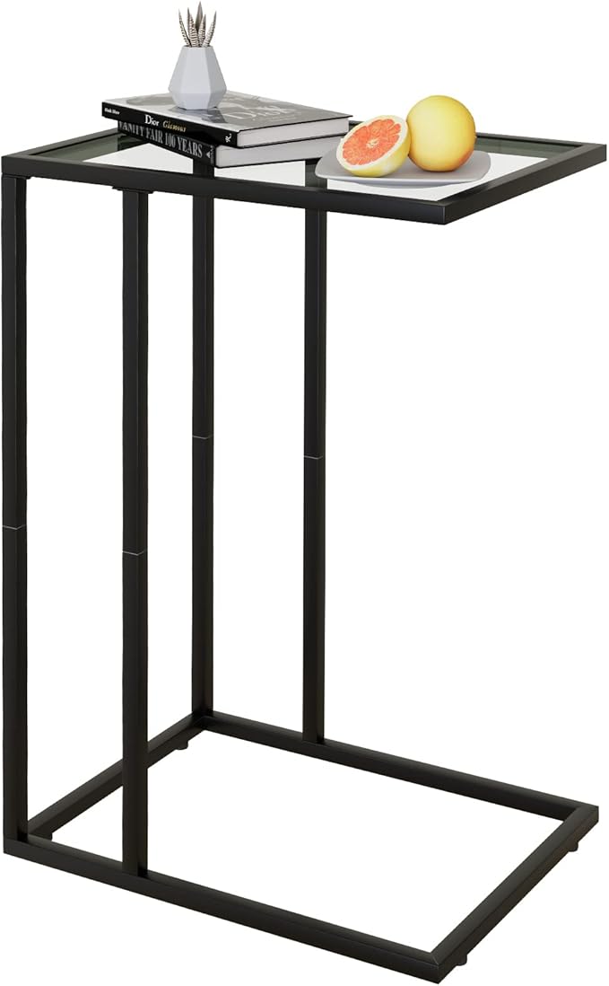 C Table Glass End Table, Couch Side Table, Tempered Glass Snack Side Table with Metal Frame, TV Tray Table for Small Space, Sofa Couch Side Tableand Bed Side Table(Black)