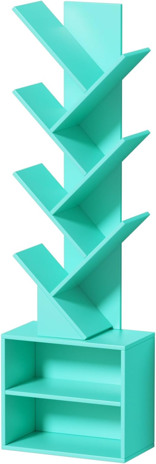 10 Tier Tree Bookshelf,Floor Standing Wood Tall Bookcase for Narrow Space, Storage Organizer Bookshelves for Books, Book Case for CDs/Movies/Books,Home Office,Living Room, Bedroom
