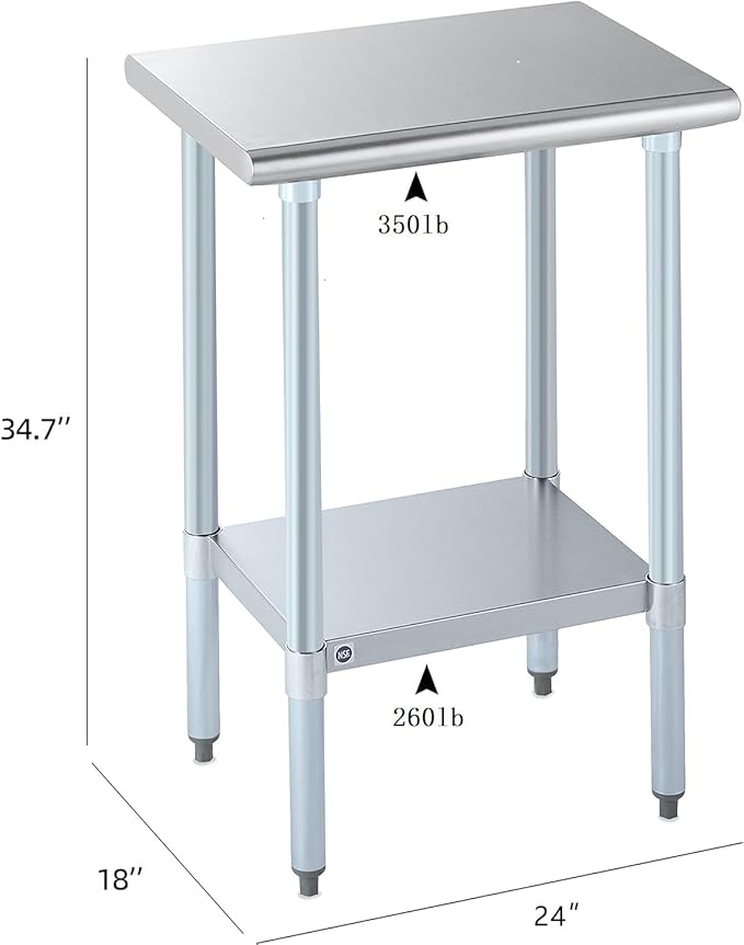 ROCKPOINT Stainless Steel Table for Prep & Work 18x24 Inches, NSF Metal Commercial Kitchen Heavy Duty Table with Adjustable Under Shelf and Table Foot for Restaurant, Home and Hotel
