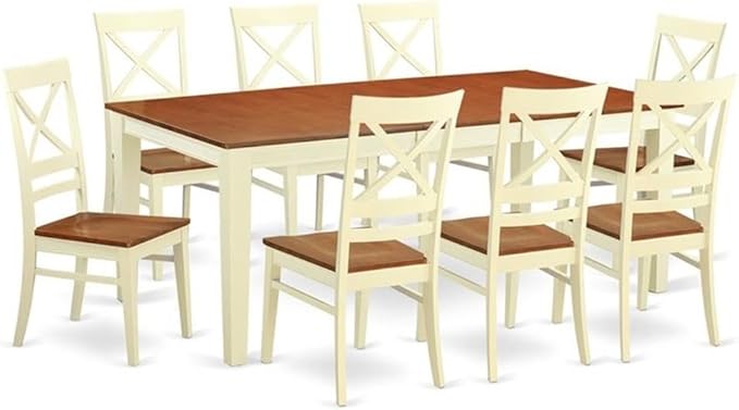 East West Furniture QUIN9-WHI-W 9 Piece Dining Table Set Includes a Rectangle Dinner Table with Butterfly Leaf and 8 Dining Room Chairs, 40x78 Inch, Buttermilk & Cherry
