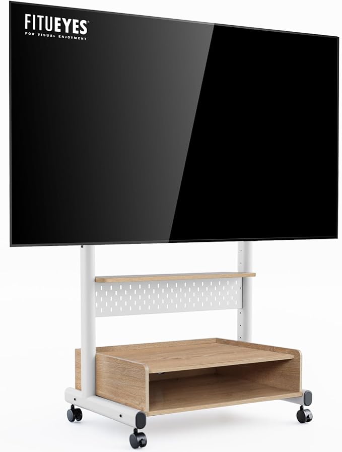 FITUEYES Rolling TV Floor Stand for 40-85in TVs, Heavy Duty Mobile TV Stand on Wheels Lockable, TV Cart with Wooden Large Storage Shelf & Pegboard Hold up to 132 lbs for Bedroom, Living Room, Office