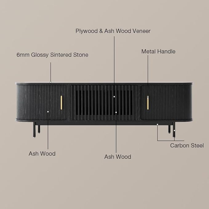 POVISON Fully-Assembled Mid Century Modern Black TV Stand with White Glossy Sintered Stone Tabletop & LED Lights, Rolling Door Media Console, Wood TV Console for Living Room