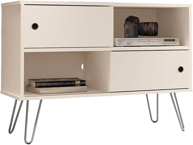 Manhattan Comfort Baxter 35" Mid Century TV Stand for Bedroom and Living Room Use, Entertainment Center with Storage, Shelves and Sliding doors, Ideal for 32 to 40 Inch Screens, Off White