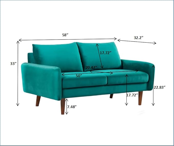 Container Furniture Direct Kent Velvet Loveseat Sofa for Modern Living Rooms and Compact Spaces, Comfy 2 Seater Couch Studio Apartment Furniture with Sleek Design, Greenish Blue