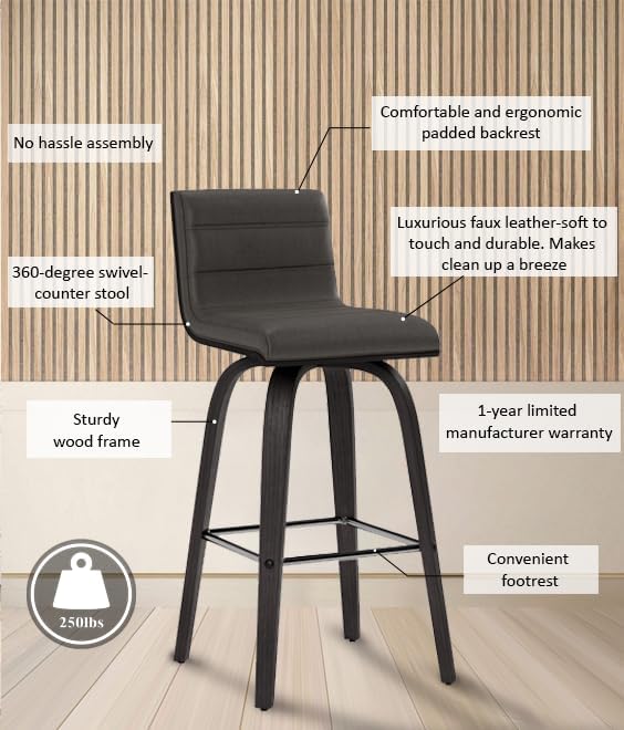 Armen Living Vienna Counter Height Barstool Brushed Wood Finish Faux Leather Kitchen and Dining, 26" Counter Height, Black/Gray, More color/size option