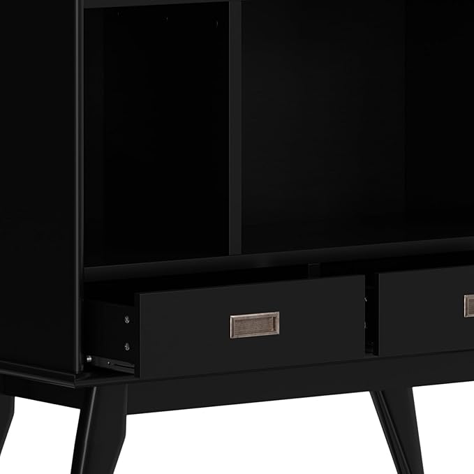 SIMPLIHOME Draper Bookcase - 64 inch Tall Solid Hardwood Wide Storage Bookshelf in Black, Mid-Century Modern Storage for Living Room, Study Room or Office with Adjustable Shelves and Tapered Legs