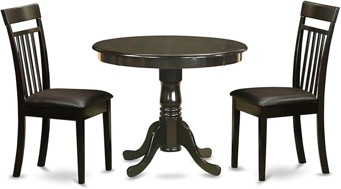 East West Furniture ANCA3-CAP-LC 3 Piece Dining Room Table Set Contains a Round Wooden Table with Pedestal and 2 Faux Leather Kitchen Dining Chairs, 36x36 Inch, Cappuccino