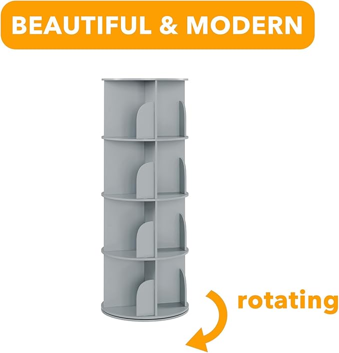 SpaceAid 4 Tier Rotating Bookshelf Tower, Spinning Bookcase Lazy Susan, Revolving 360 Book Shelf Storage Round Carousel, Vertical Rotate Turning Spiral Corner Organizer, Gray