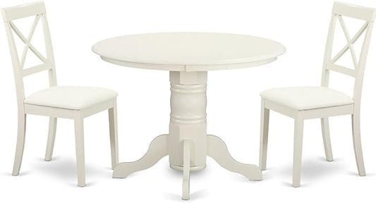 East West Furniture SHBO3-WHI-LC 3 Piece Dinette Set for Small Spaces Contains a Round Kitchen Table with Pedestal and 2 Faux Leather Upholstered Dining Chairs, 42x42 Inch, Linen White