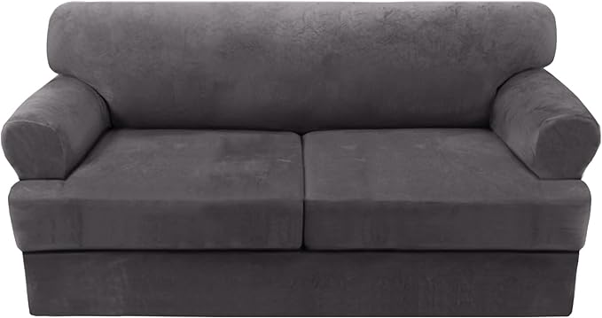 H.VERSAILTEX Sofa Cover 3 Piece T Cushion Sofa Slipcovers Thick Velvet Couch Cover Furniture Protector Stretch T Cushion Sofa Covers for 2 Cushion Couch with 2 T Cushion Covers Washable, Grey