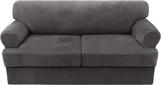 H.VERSAILTEX Sofa Cover 3 Piece T Cushion Sofa Slipcovers Thick Velvet Couch Cover Furniture Protector Stretch T Cushion Sofa Covers for 2 Cushion Couch with 2 T Cushion Covers Washable, Grey