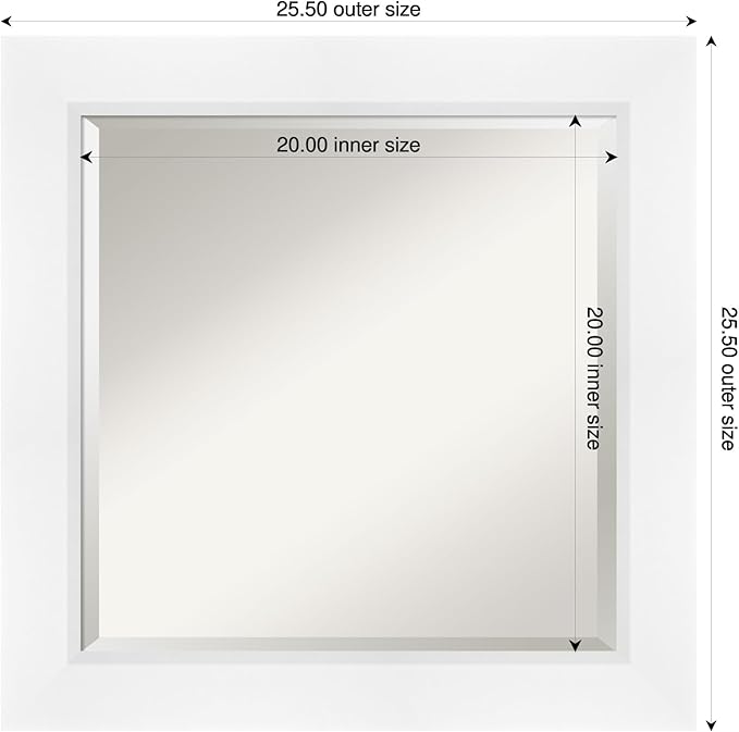 Amanti Art White Bathroom Mirror for Over Sink, 26x26 Sloped White Square Vanity Mirror, Medium Modern Contemporary Frame, Hangs Horizonally and Vertically, Bathroom Wall Decor, Beveled Edge