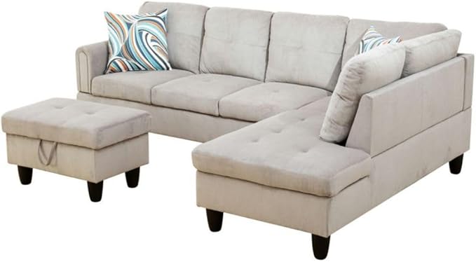 Grey White L-Shaped 3-Piece Corduroy Sofa with Storage Ottoman Set, Sectional Couch Sofa Set for Living Room, Office, Small Space