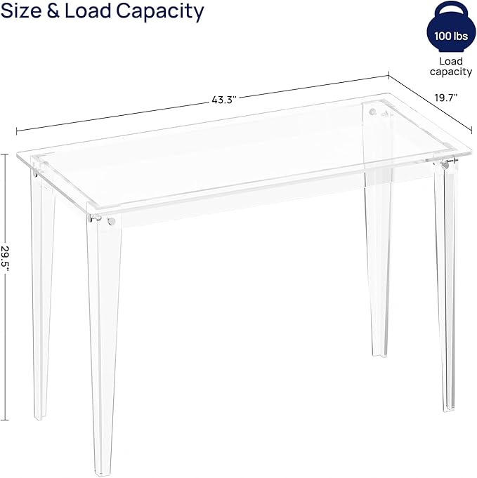 HMYHUM Acrylic Computer Desk, 43.3 Inch, Clear Study Desk for Home Office, Writing, Vanity, Modern, Easy Assembly, 19.7" W x 29.5" H, Right-Angle Legs Design