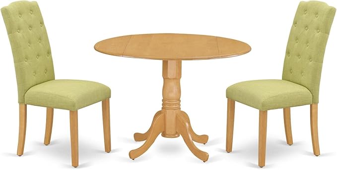 East West Furniture DLCE3-OAK-07 3 Piece Dining Set Contains a Round Dining Room Table with Dropleaf and 2 Limelight Linen Fabric Upholstered Parson Chairs, 42x42 Inch, Oak