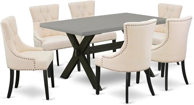 East West Furniture X696FR102-7 7 Piece Modern Dining Table Set Consist of a Rectangle Wooden Table with X-Legs and 6 Light Beige Linen Fabric Upholstered Chairs, 36x60 Inch, Multi-Color