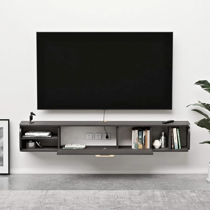 Floating TV Unit, 67'' Wall Mounted TV Cabinet, Floating Shelves with 4 Cabinets, Wooden Entertainment Media Console Center Large Storage TV Bench for Living Room & Office (67IN, Dark Grey)