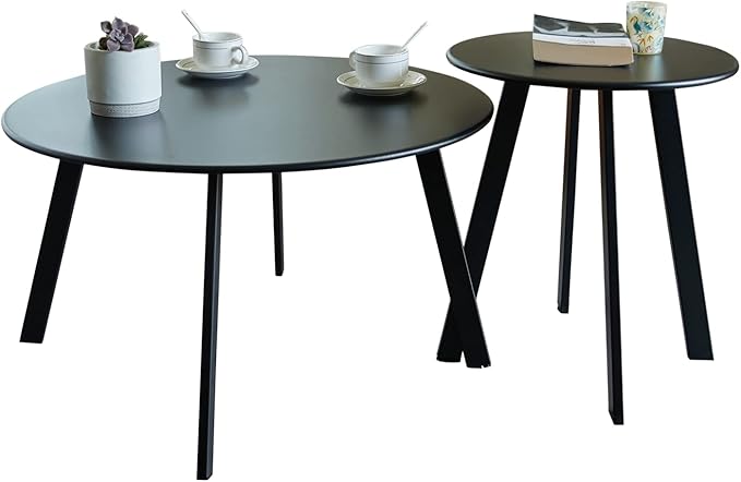 Patio Coffee Table Set of 2, Outdoor Weather Resistant End Table, Round Nesting Tables for Living Room Balcony Office,Black