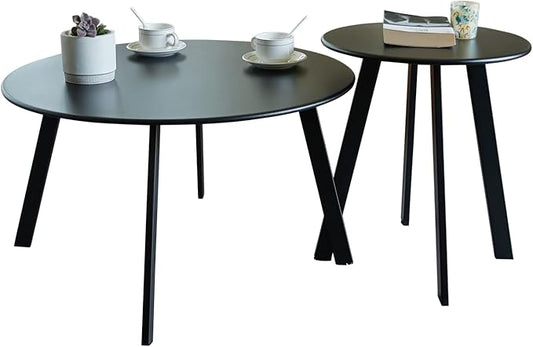 Patio Coffee Table Set of 2, Outdoor Weather Resistant End Table, Round Nesting Tables for Living Room Balcony Office,Black