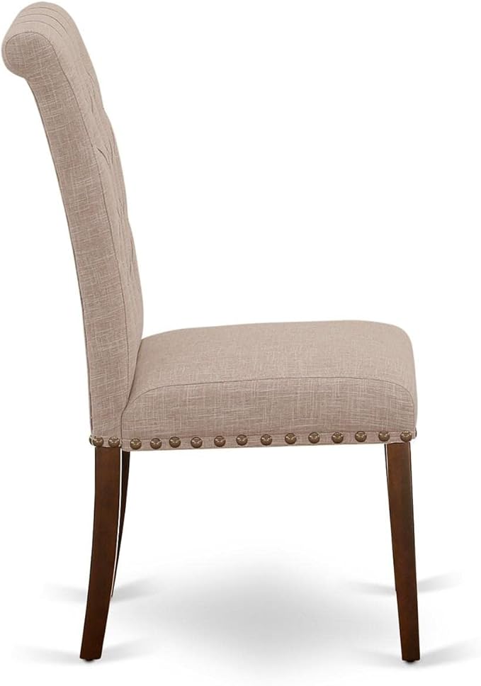 East West Furniture BRP3T04 Bremond Parson Dining Room Chairs - Button Tufted Nailhead Trim Light Tan Linen Fabric Padded Chairs, Set of 2, Mahogany
