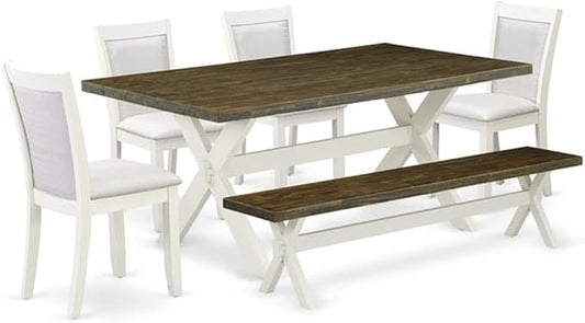 East West Furniture X077MZ001-6 6 Piece Kitchen Table Set Contains a Rectangle Dining Table with X-Legs and 4 Cream Linen Fabric Parson Chairs with a Bench, 40x72 Inch, Multi-Color