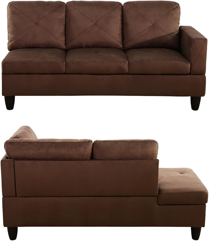 Modern Living Room Furniture Sets with Pillows, Modular Sectional Couches with Chaise Lounge, 4-Seaters L Shape Sofa with Storage Ottoman, for Living Room, Microfiber, Brown