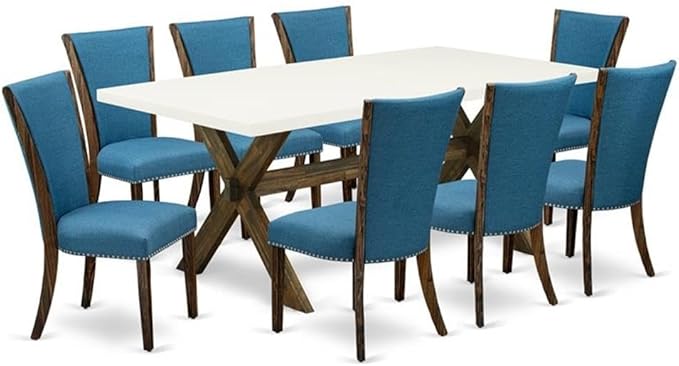 East West Furniture X727VE721-9 9 Piece Kitchen Table Set Includes a Rectangle Dining Table with X-Legs and 8 Blue Color Linen Fabric Parson Dining Chairs, 40x72 Inch, Multi-Color