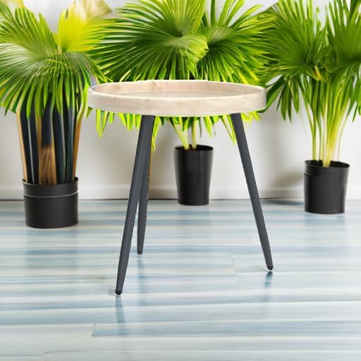 LITA Log Desktop Round Side End Table, Indoor Outdoor Wooden Tray Nightstand Table with Metal Stand for Living Room Bedroom Office Small Spaces (M)
