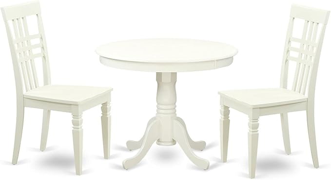 East West Furniture ANLG3-LWH-W 3 Piece Dining Table Set for Small Spaces Contains a Round Kitchen Table with Pedestal and 2 Dining Chairs, 36x36 Inch, Linen White