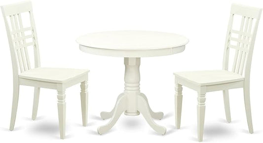 East West Furniture ANLG3-LWH-W 3 Piece Dining Table Set for Small Spaces Contains a Round Kitchen Table with Pedestal and 2 Dining Chairs, 36x36 Inch, Linen White