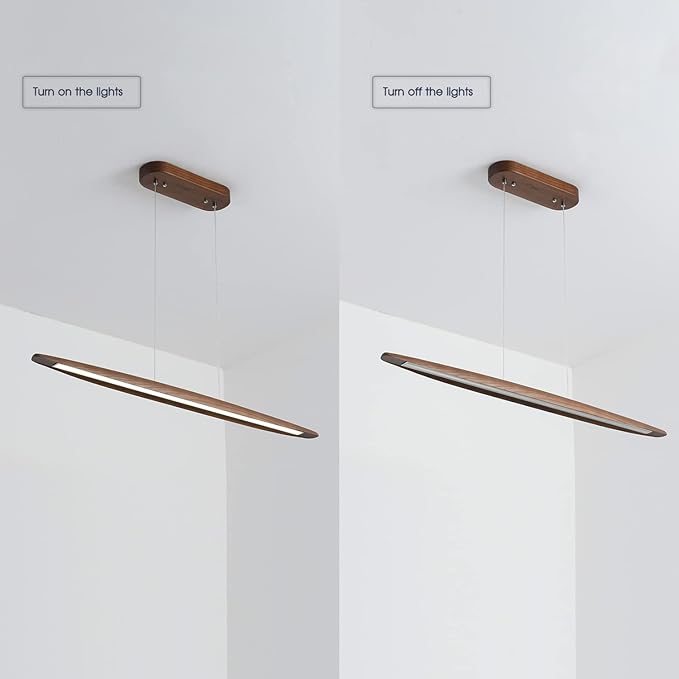 Wood Linear Pendant Hanging Light Fixture Minimalist Light Linear Chandelier Wood Kitchen Island Lighting 40w Dimmable for Dining Room Dining Table Living Room Pool Table Walnut Color