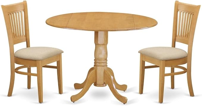 East West Furniture DLVA3-OAK-C 3 Piece Dining Set Contains a Round Dining Room Table with Dropleaf and 2 Linen Fabric Upholstered Chairs, 42x42 Inch, Oak