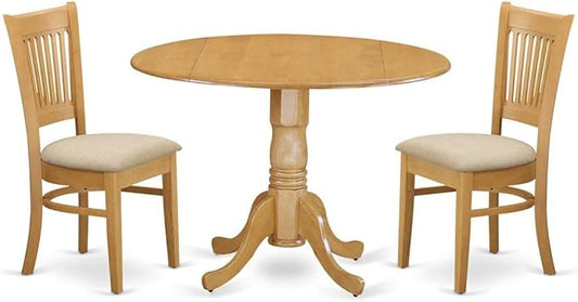 East West Furniture DLVA3-OAK-C 3 Piece Dining Set Contains a Round Dining Room Table with Dropleaf and 2 Linen Fabric Upholstered Chairs, 42x42 Inch, Oak