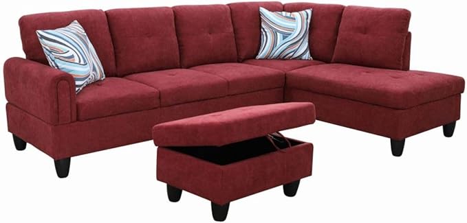 Red L-Shaped 3-Piece Flannel Sofa with Storage Ottoman Set, Sectional Couch Sofa Set for Living Room, Office, Small Space