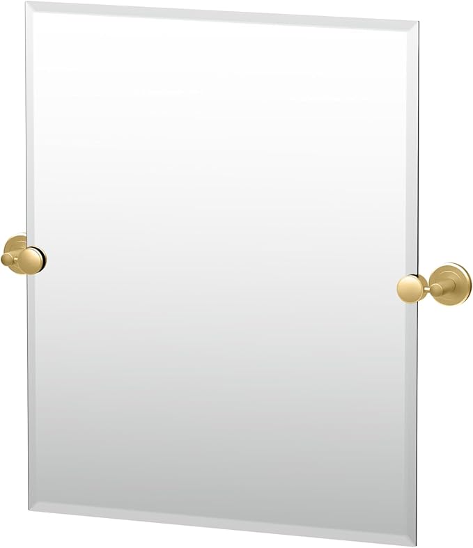 Gatco 4239S Latitude II, Frameless Rectangle Pivot Mirror, 31.5" H, Brushed Brass/Wall Mounted 31.5" H x 27.50" W Frameless Tilting Beveled Bathroom Vanity Mirror Wth Brushed Brass Brackets