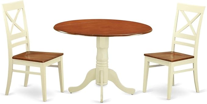 East West Furniture DLQU3-BMK-W 3 Piece Dining Room Furniture Set Contains a Round Kitchen Table with Dropleaf and 2 Dining Chairs, 42x42 Inch, Buttermilk & Cherry