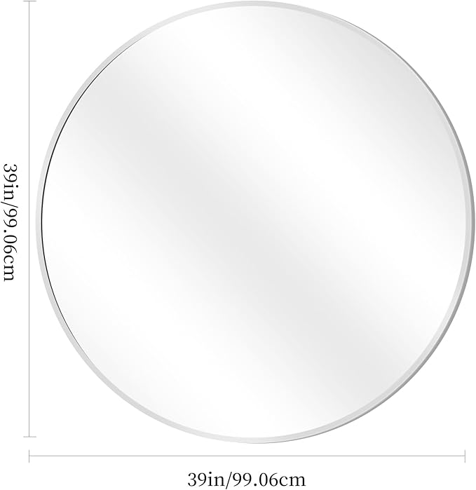 Silver Round Mirror, 39 Inch Wall Mounted Round Mirror, Aluminum Alloy Metal Frame Wall Mirror, Round Bathroom Mirror, Round Mirror for Bathroom, Entryway, Living Room, Large Mirror for Over Sink