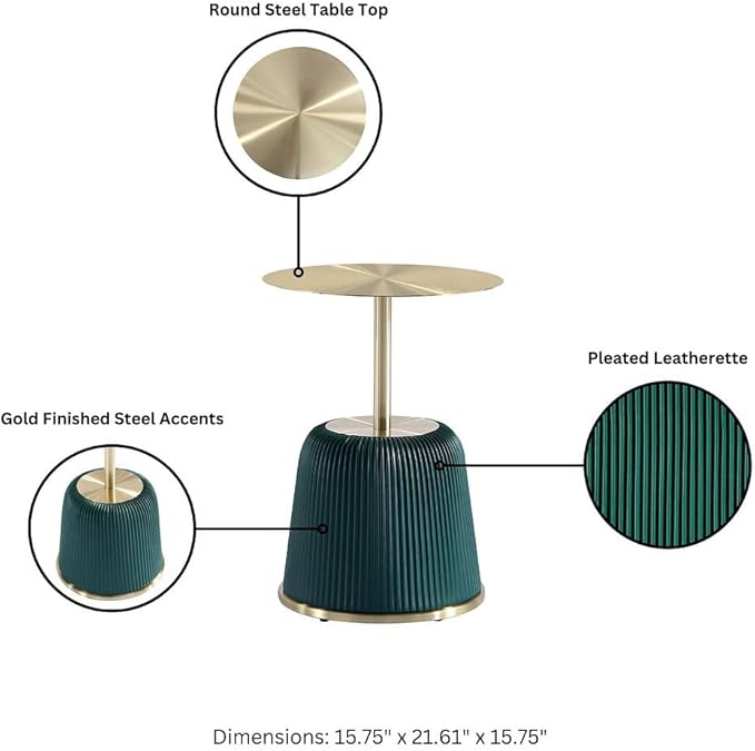 Manhattan Comfort Anderson Modern 15.75" Round End Tables 1.0 - Elegant Leatherette Upholstered Base with Pleated Design & Gold Steel Tabletop, Fully Assembled Accent Furniture, Set of 2, Green