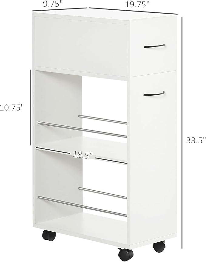 HOMCOM 3- Tier Slim Storage Cart, Rolling Narrow Kitchen Cart on Wheels for Small Place, Slide Out Side Utility Cart for Bathroom, Laundry