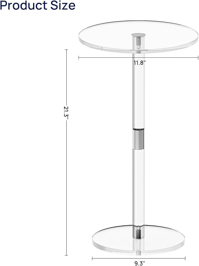 HMYHUM Acrylic Drink Table for Small Spaces, 11.8" L x 11.8" W x 21.3" H, Clear Pedestal Side Table for Living Room, Round, Easy Assembly