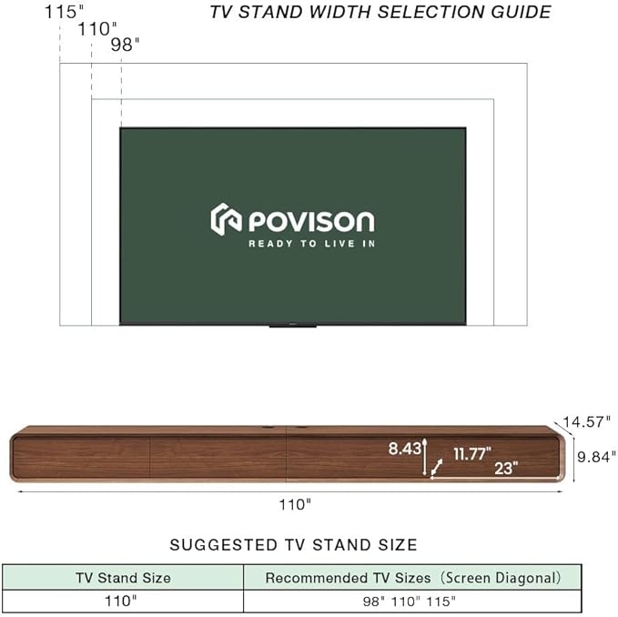 POVISON Fully-Assembled Minimalist Floating TV Stand, Modern Wall-Mounted Entertainment Center with 4 Flip-Down Cabinet Doors, Solid Wood Media Console, 110.24"
