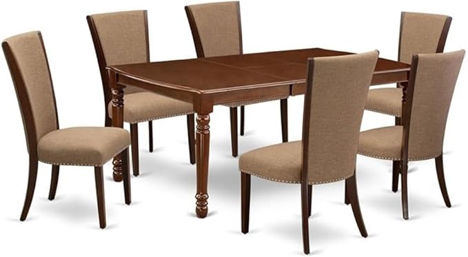 East West Furniture DOVE7-MAH-47 7 Piece Dining Table Set Consist of a Rectangle Butterfly Leaf Kitchen Table and 6 Light Sable Linen Fabric Parsons Chairs, 42x78 Inch, Mahogany