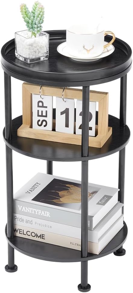Small Round Side Table for Small Spaces, 3-Tier Round Accent Table Slim Side Table, Modern Sofa Corner Table for Living Room Nightstand Bedroom (Black)