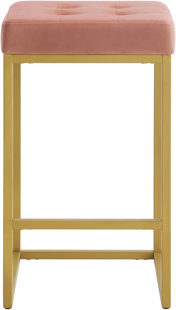 24KF Contemporary Counter Height Bar Stool Set of 2 for Kitchen Island, 26" H Velvet Padded Gold Barstool Bar Chair,5066-Blush