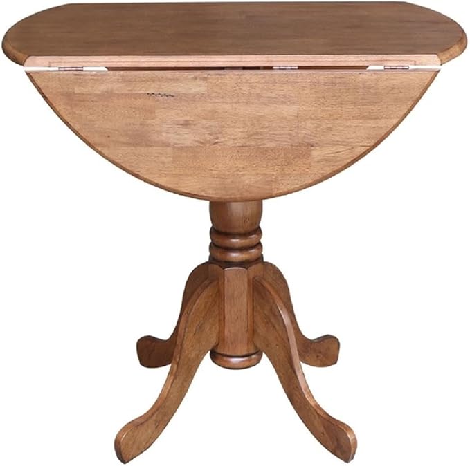 IC International Concepts 42-Inch Round Dual Drop Leaf Pedestal Dining Table, Elegant Space-Saving Furniture for Home and Office - Distressed Oak Finish