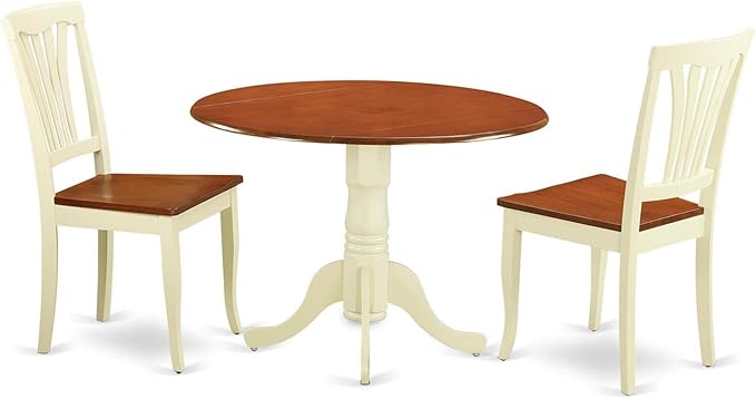 East West Furniture DLAV3-BMK-W 3 Piece Dining Table Set for Small Spaces Contains a Round Dining Room Table with Dropleaf and 2 Wooden Seat Chairs, 42x42 Inch, Buttermilk & Cherry