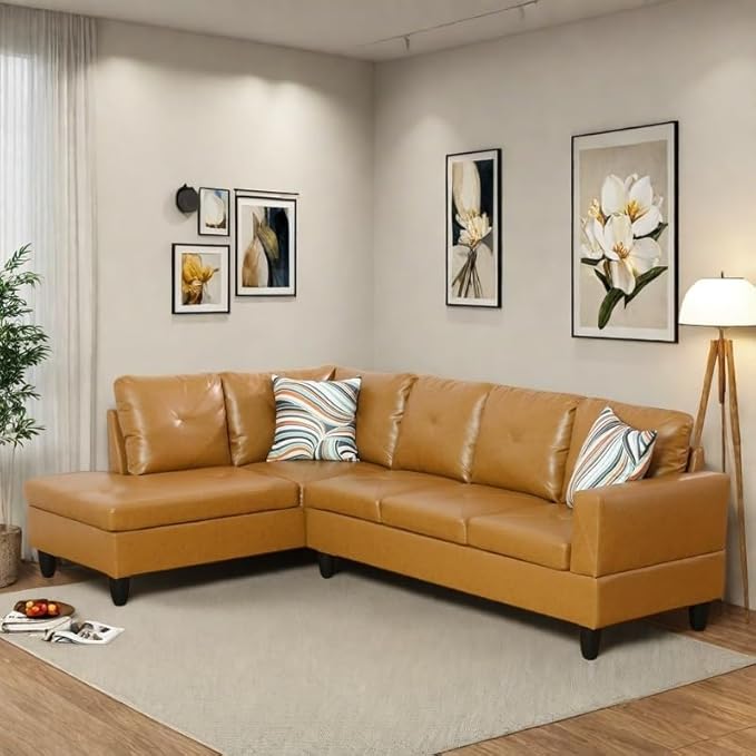 NAYSAYE L Shaped Couch, Leather Modular Sectional Couch with Ottoman Storage, Modern Lounge Sofa Convertible Sectional Couches for Living Room, Apartment, Ginger